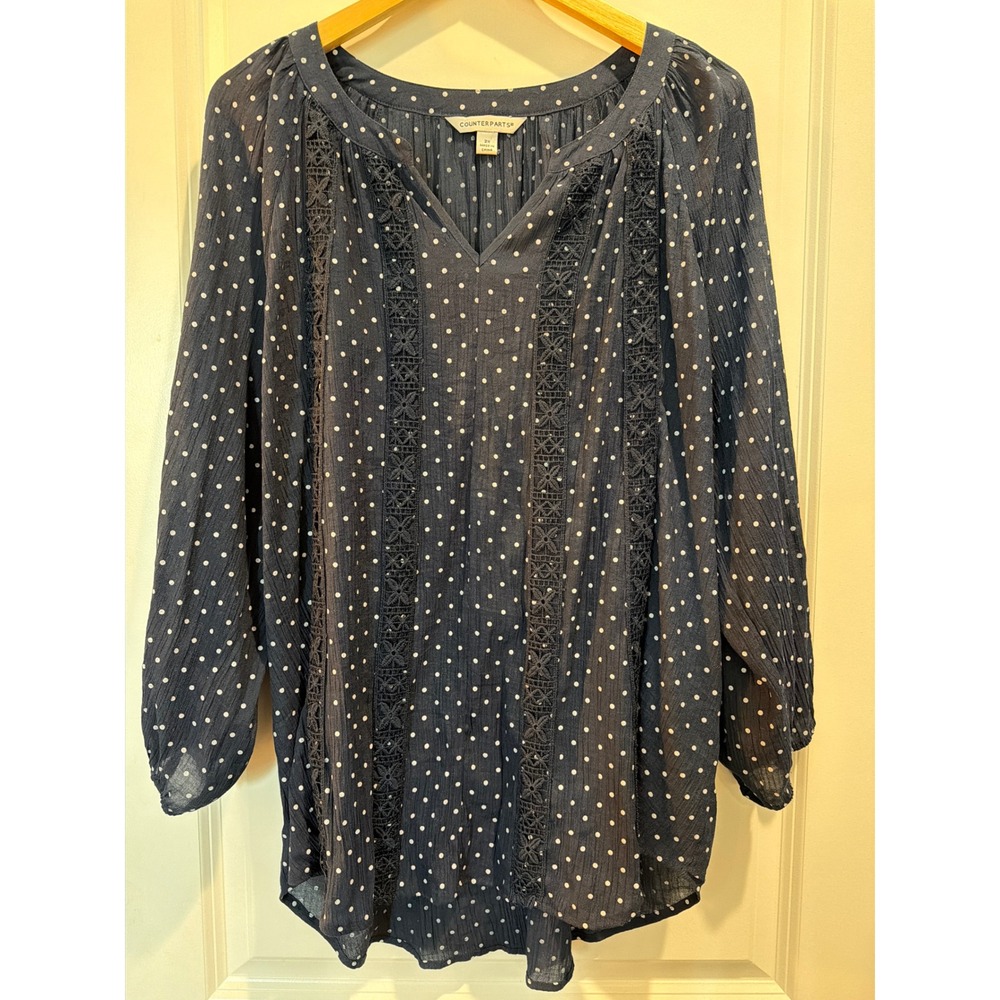 Counterparts Navy Blue Polka Dot Crochet Lace Trim V-Neck Blouse Top 2X